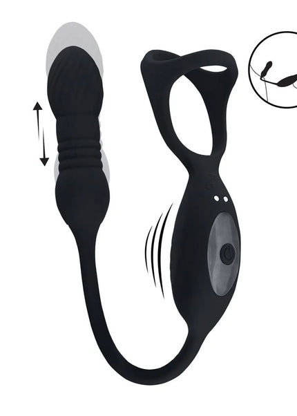 LEVELZ Vibrating & Thrusting TriO Cock Ring with Prostate Stimulator - Black USB Rechargeable Vibrating Cock Ring with Thrusting Prostate Plug