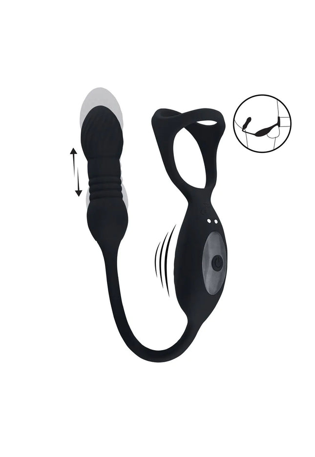 LEVELZ Vibrating & Thrusting TriO Cock Ring with Prostate Stimulator - Black USB Rechargeable Vibrating Cock Ring with Thrusting Prostate Plug
