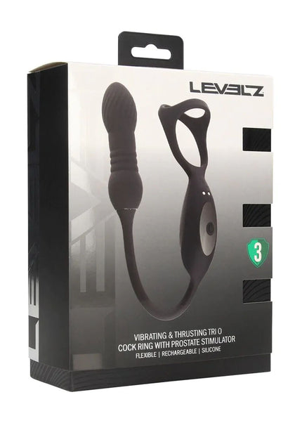 LEVELZ Vibrating & Thrusting TriO Cock Ring with Prostate Stimulator - Black USB Rechargeable Vibrating Cock Ring with Thrusting Prostate Plug