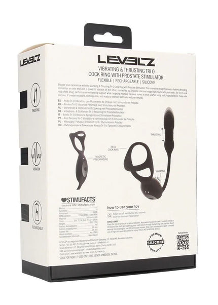 LEVELZ Vibrating & Thrusting TriO Cock Ring with Prostate Stimulator - Black USB Rechargeable Vibrating Cock Ring with Thrusting Prostate Plug