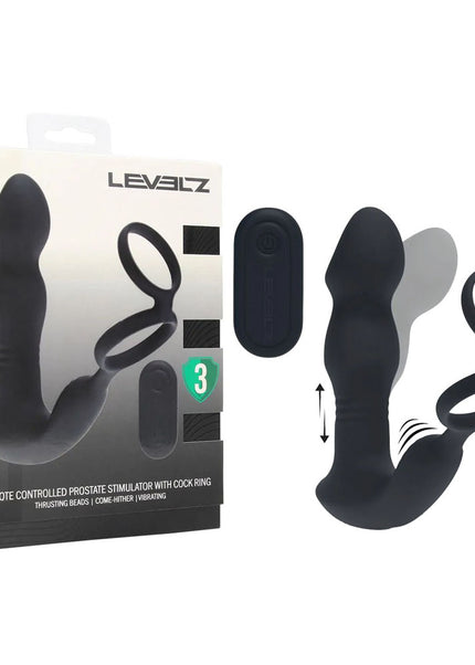 LEVELZ Remote Controlled Prostate Stimulator with Cock Ring - Black USB Rechargeable Vibrating Thrusting Prostate Massager with Cock Ring