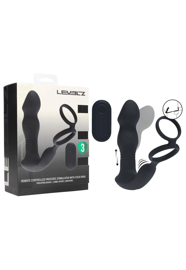 LEVELZ Remote Controlled Prostate Stimulator with Cock Ring - Black USB Rechargeable Vibrating Thrusting Prostate Massager with Cock Ring
