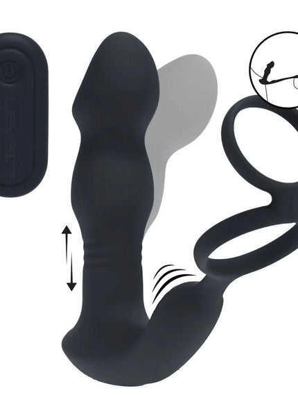 LEVELZ Remote Controlled Prostate Stimulator with Cock Ring - Black USB Rechargeable Vibrating Thrusting Prostate Massager with Cock Ring