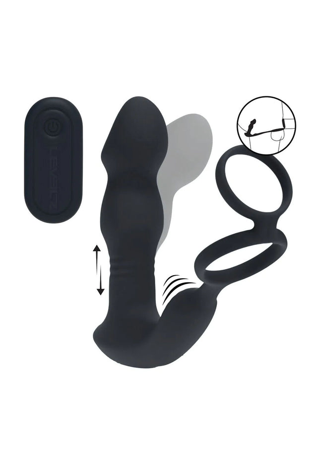 LEVELZ Remote Controlled Prostate Stimulator with Cock Ring - Black USB Rechargeable Vibrating Thrusting Prostate Massager with Cock Ring