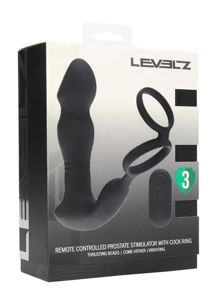 LEVELZ Remote Controlled Prostate Stimulator with Cock Ring - Black USB Rechargeable Vibrating Thrusting Prostate Massager with Cock Ring