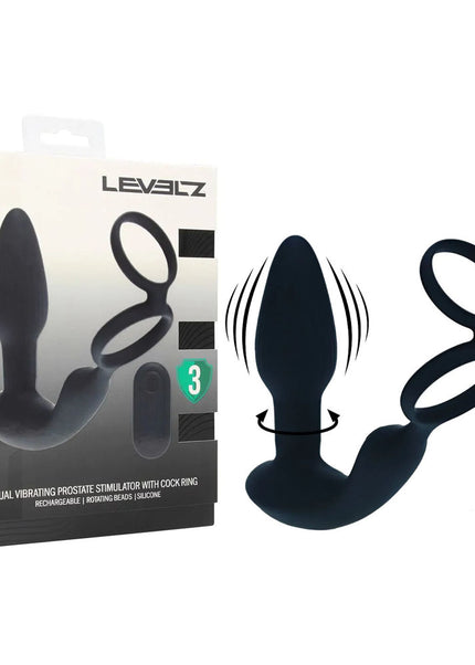 LEVELZ Dual Vibrating Prostate Stimulator with Cock Ring - Black USB Rechargeable Vibrating Butt Plug with Cock Ring