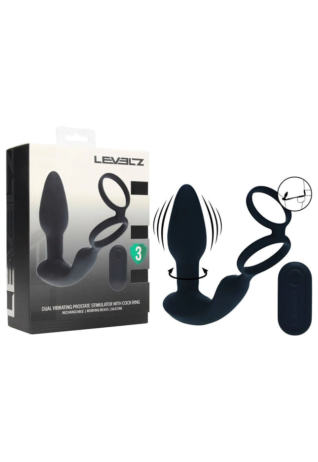 LEVELZ Dual Vibrating Prostate Stimulator with Cock Ring - Black USB Rechargeable Vibrating Butt Plug with Cock Ring