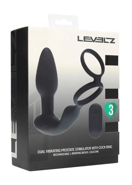 LEVELZ Dual Vibrating Prostate Stimulator with Cock Ring - Black USB Rechargeable Vibrating Butt Plug with Cock Ring