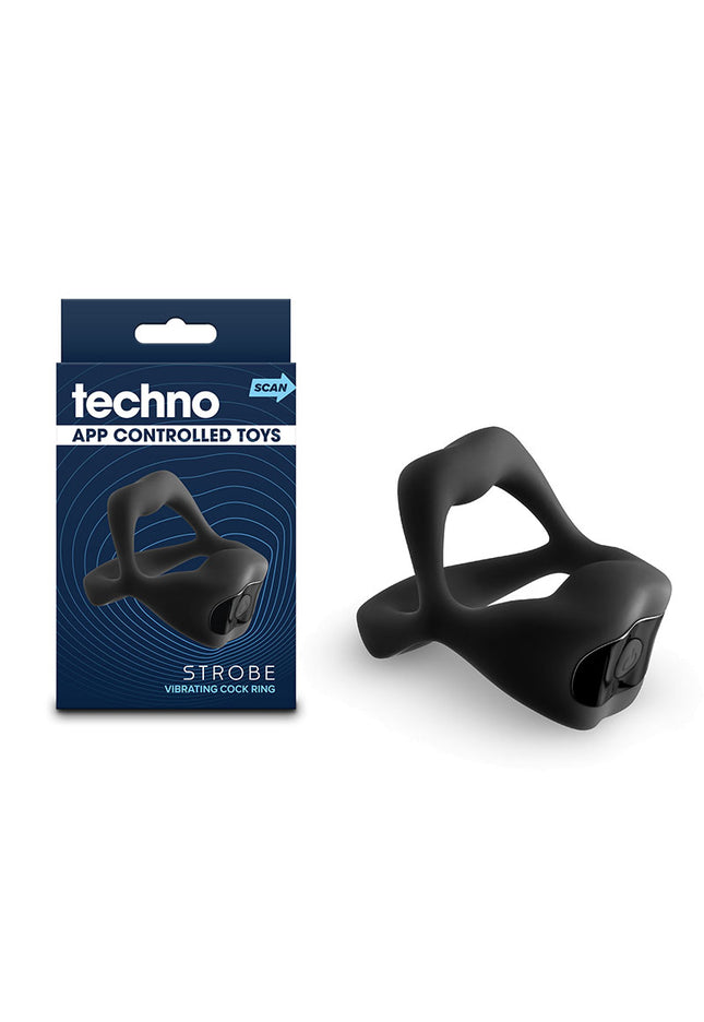 Techno - Strobe - Black - Black USB Rechargeable Vibrating Cock Ring with App Control