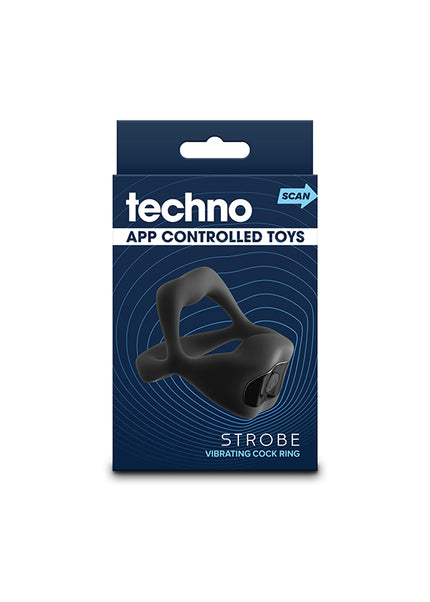 Techno - Strobe - Black - Black USB Rechargeable Vibrating Cock Ring with App Control