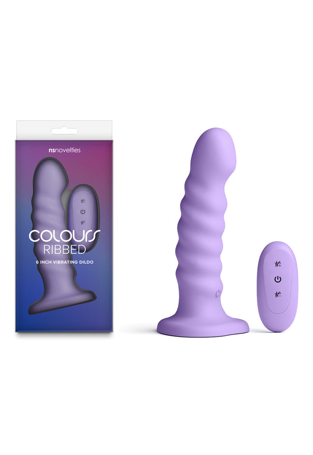 Colours Ribbed - 6'' Vibrating Dildo - Purple - Purple 16.5 cm USB Rechargeable Vibrating Dildo with Wireless Remote