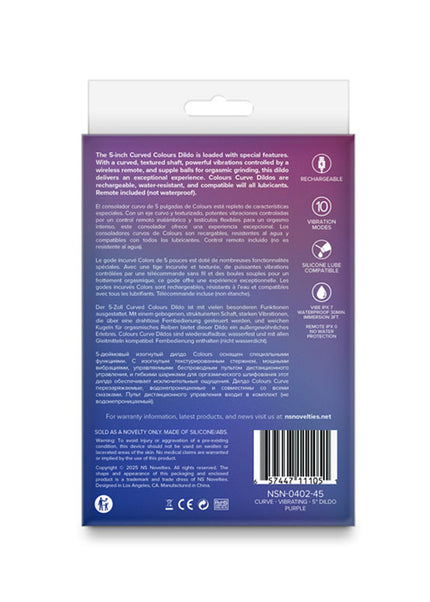 Colours Curve - Vibrating 5'' Dildo - Purple - Purple 12.6 cm USB Rechargeable Vibrating Dildo with Wireless Remote