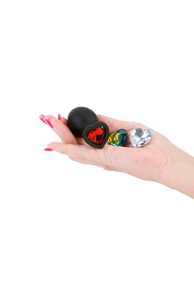 Glams Xchange Heart - Medium - Black Medium Butt Plug with Interchangeable Heart Gems