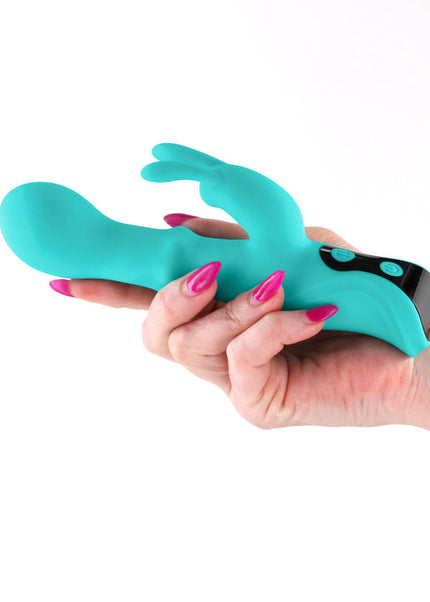 INYA Cyberluxe - Aqua - Aqua 18 cm USB Rechargeable Rabbit Vibrator with Sliding Ring Shaft