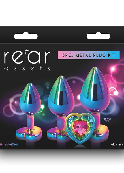 Rear Assets Trainer Kit - Multicolour - Rainbow Heart - Multi Coloured Metallic Butt Plugs with Rainbow Hearts - Set of 3 Sizes