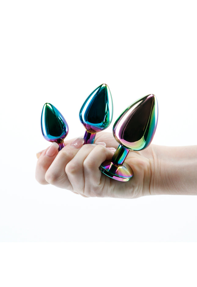 Rear Assets Trainer Kit - Multicolour - Rainbow Heart - Multi Coloured Metallic Butt Plugs with Rainbow Hearts - Set of 3 Sizes