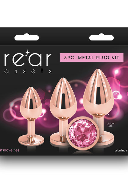 Rear Assets Trainer Kit - Rose Gold - Pink - Rose Gold Metallic Butt Plugs with Pink Gems - Set of 3 Sizes