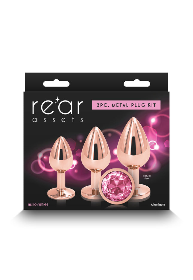Rear Assets Trainer Kit - Rose Gold - Pink - Rose Gold Metallic Butt Plugs with Pink Gems - Set of 3 Sizes