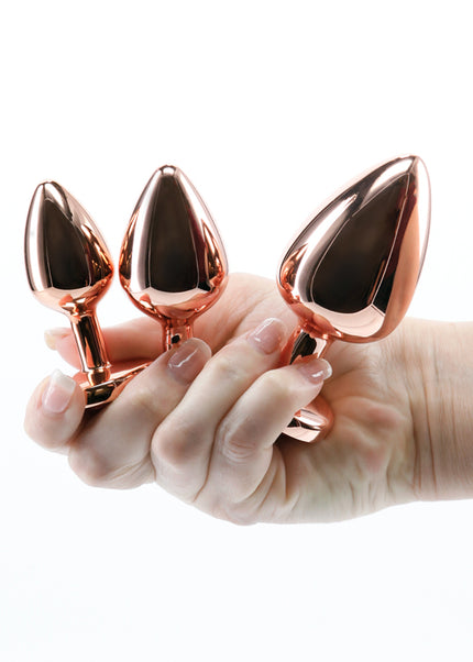 Rear Assets Trainer Kit - Rose Gold - Pink Heart - Rose Gold Metallic Butt Plugs with Pink Hearts - Set of 3 Sizes
