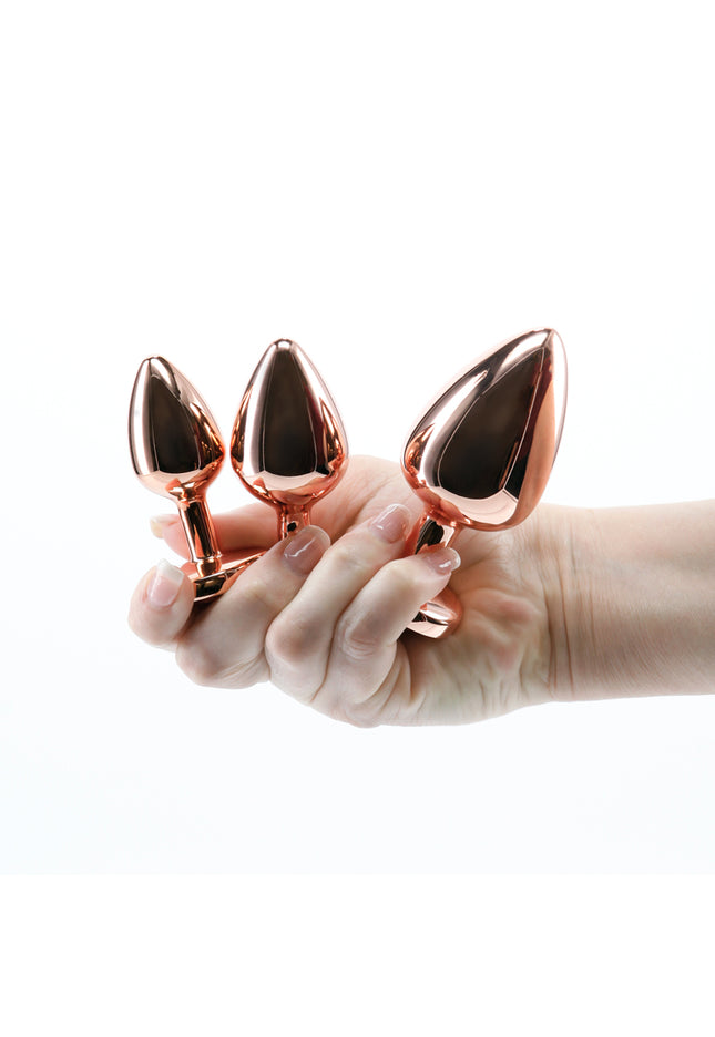Rear Assets Trainer Kit - Rose Gold - Pink Heart - Rose Gold Metallic Butt Plugs with Pink Hearts - Set of 3 Sizes