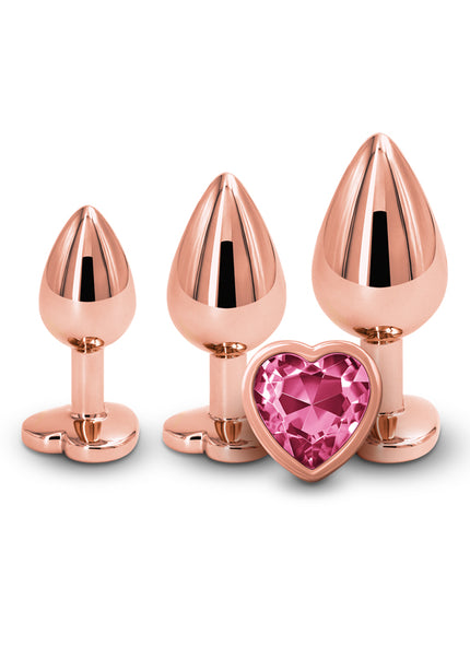 Rear Assets Trainer Kit - Rose Gold - Pink Heart - Rose Gold Metallic Butt Plugs with Pink Hearts - Set of 3 Sizes