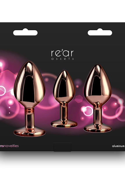 Rear Assets Trainer Kit - Rose Gold - Pink Heart - Rose Gold Metallic Butt Plugs with Pink Hearts - Set of 3 Sizes