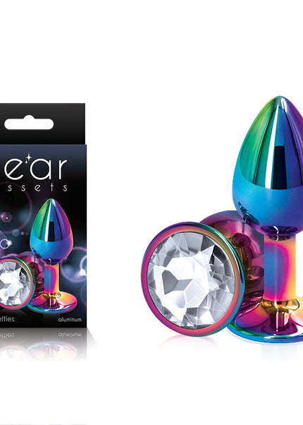 Rear Assets Multi Coloured Small - Multi Coloured Small Metal Butt Plug with Clear Gem Base