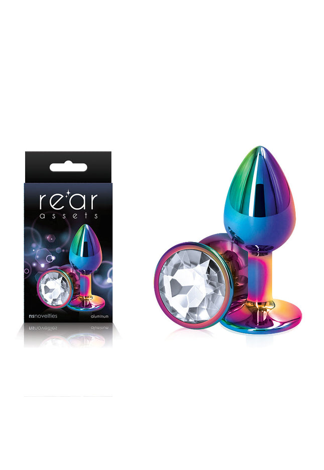 Rear Assets Multi Coloured Small - Multi Coloured Small Metal Butt Plug with Clear Gem Base