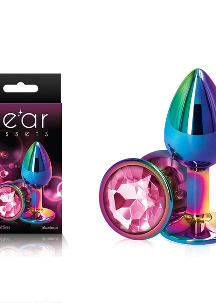 Rear Assets Multi Coloured Small - Multi Coloured Small Metal Butt Plug with Pink Gem Base