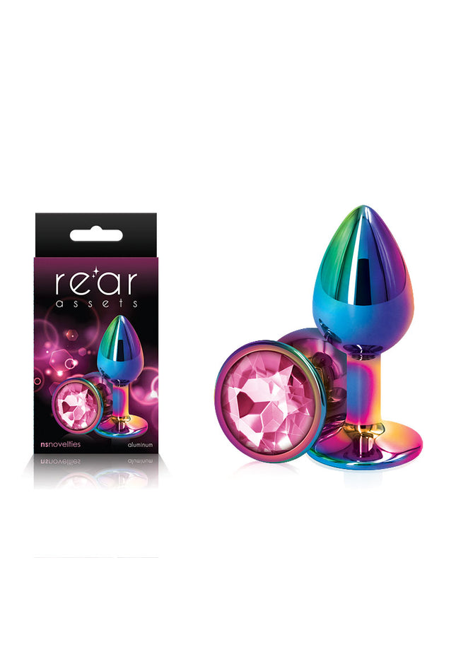 Rear Assets Multi Coloured Small - Multi Coloured Small Metal Butt Plug with Pink Gem Base