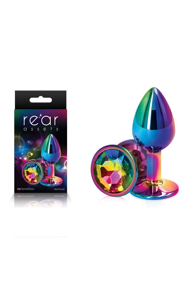 Rear Assets Multi Coloured Small - Multi Coloured Small Metal Butt Plug with Rainbow Gem Base