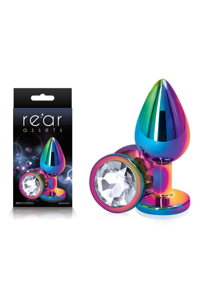 Rear Assets Multi Coloured Medium - Multi Coloured Medium Metal Butt Plug with Clear Gem Base