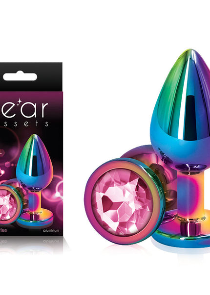 Rear Assets Multi Coloured Medium - Multi Coloured Medium Metal Butt Plug with Pink Gem Base