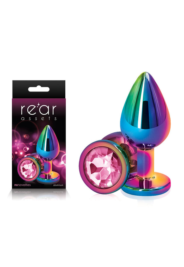 Rear Assets Multi Coloured Medium - Multi Coloured Medium Metal Butt Plug with Pink Gem Base