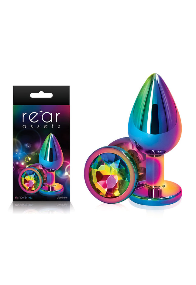 Rear Assets Multi Coloured Medium - Multi Coloured Medium Metal Butt Plug with Rainbow Gem Base