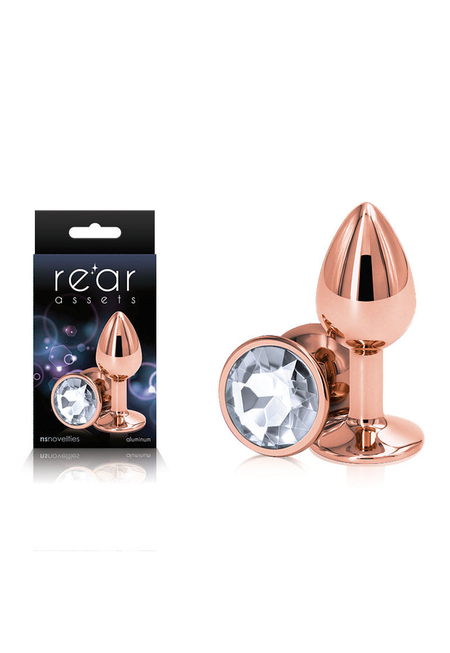 Rear Assets Rose Gold Small - Rose Gold Small Metal Butt Plug with Clear Gem Base