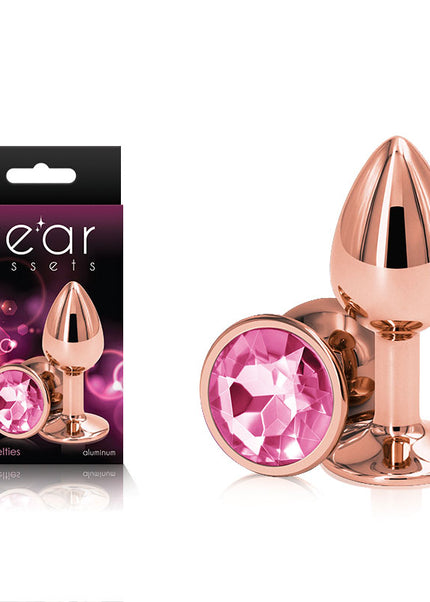 Rear Assets Rose Gold Small - Rose Gold Small Metal Butt Plug with Pink Gem Base