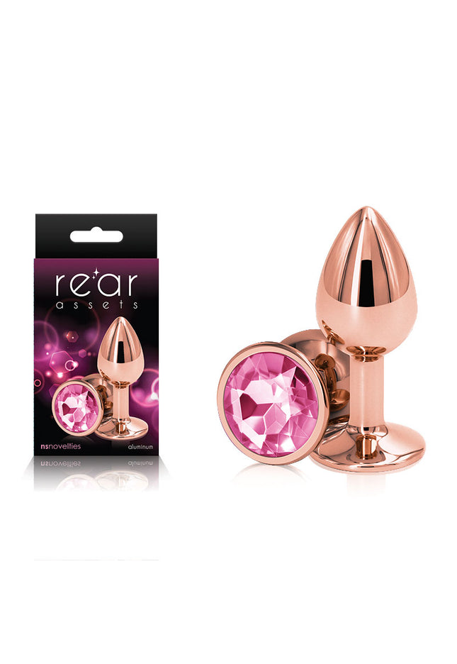 Rear Assets Rose Gold Small - Rose Gold Small Metal Butt Plug with Pink Gem Base