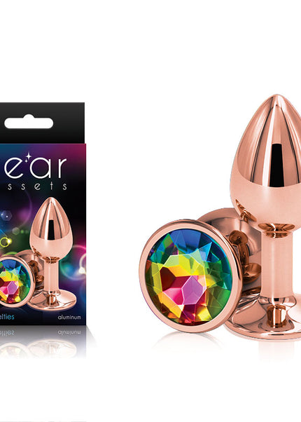 Rear Assets Rose Gold Small - Rose Gold Small Metal Butt Plug with Rainbow Gem Base