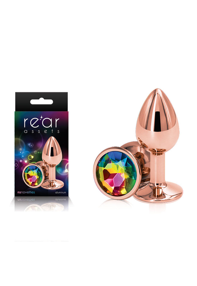 Rear Assets Rose Gold Small - Rose Gold Small Metal Butt Plug with Rainbow Gem Base