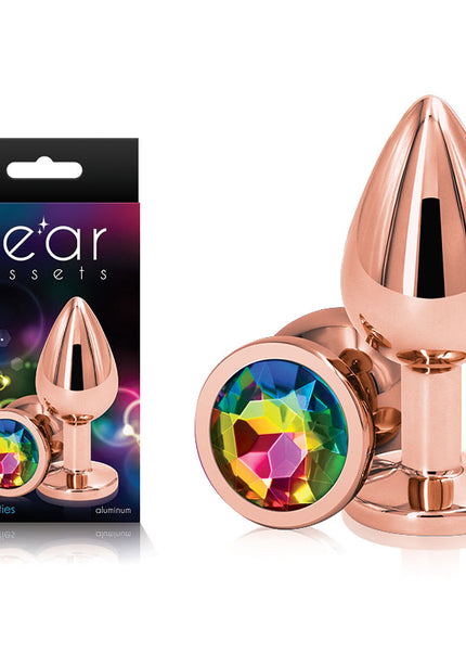 Rear Assets Rose Gold Medium - Rose Gold Medium Metal Butt Plug with Rainbow Gem Base