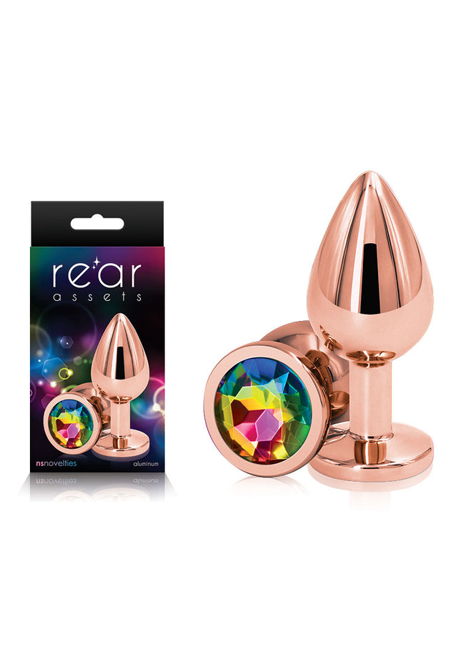 Rear Assets Rose Gold Medium - Rose Gold Medium Metal Butt Plug with Rainbow Gem Base