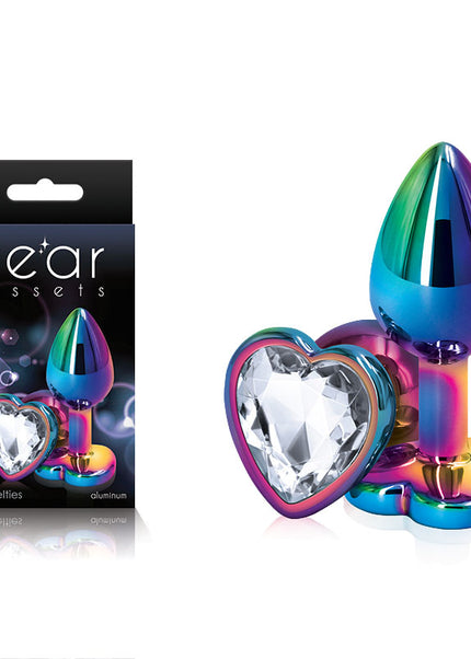 Rear Assets Multi Coloured Heart - Multi Coloured Small Metal Butt Plug with Clear Heart Gem Base
