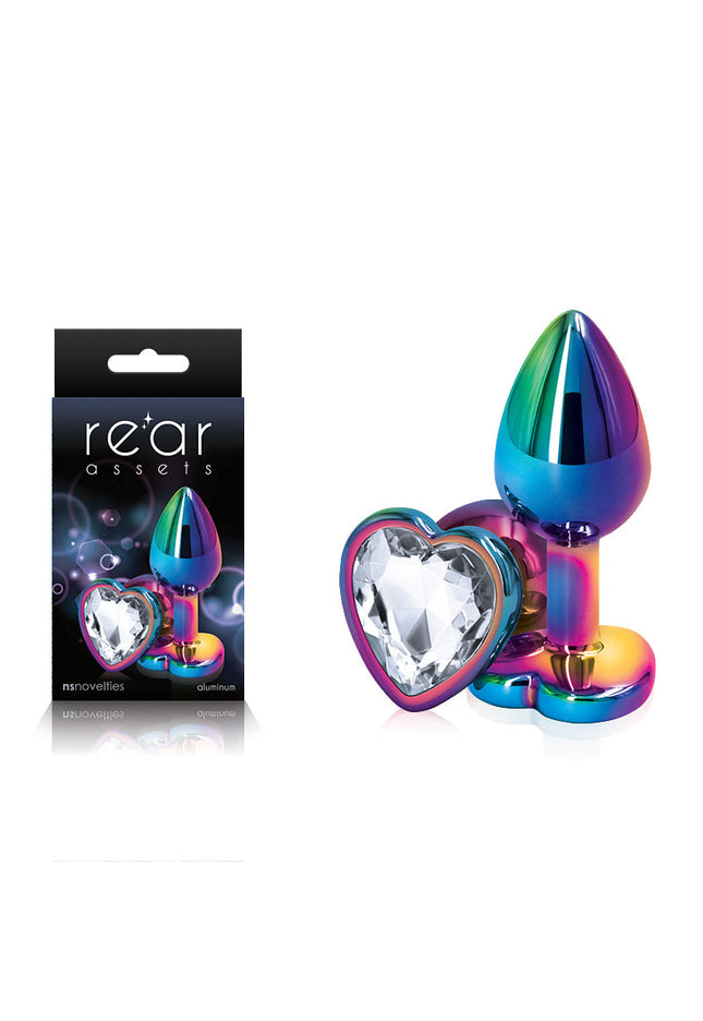Rear Assets Multi Coloured Heart - Multi Coloured Small Metal Butt Plug with Clear Heart Gem Base