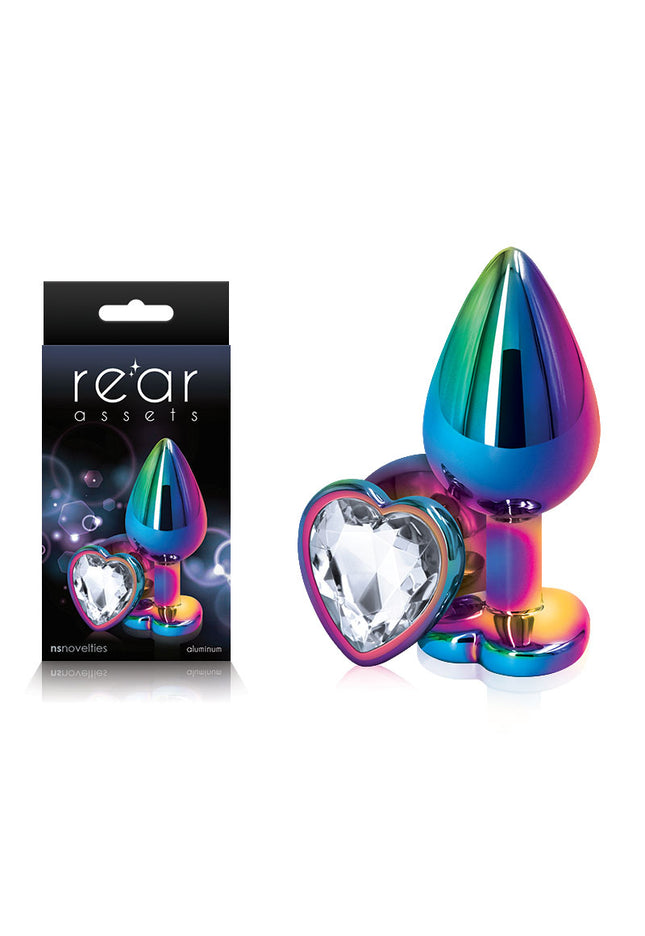 Rear Assets Multi Coloured Heart - Multi Coloured Medium Metal Butt Plug with Clear Heart Gem Base