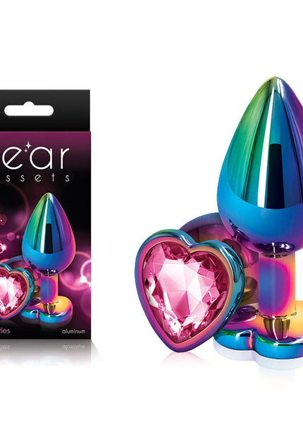 Rear Assets Multi Coloured Heart - Multi Coloured Medium Metal Butt Plug with Pink Heart Gem Base