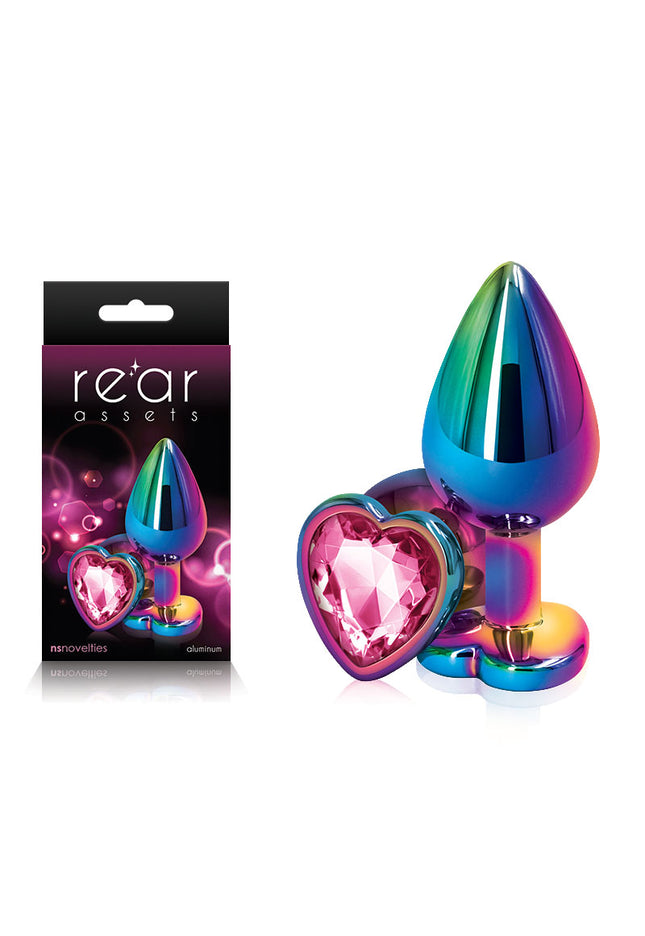 Rear Assets Multi Coloured Heart - Multi Coloured Medium Metal Butt Plug with Pink Heart Gem Base