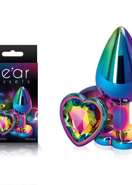 Rear Assets Multi Coloured Heart - Multi Coloured Medium Metal Butt Plug with Rainbow Heart Gem Base