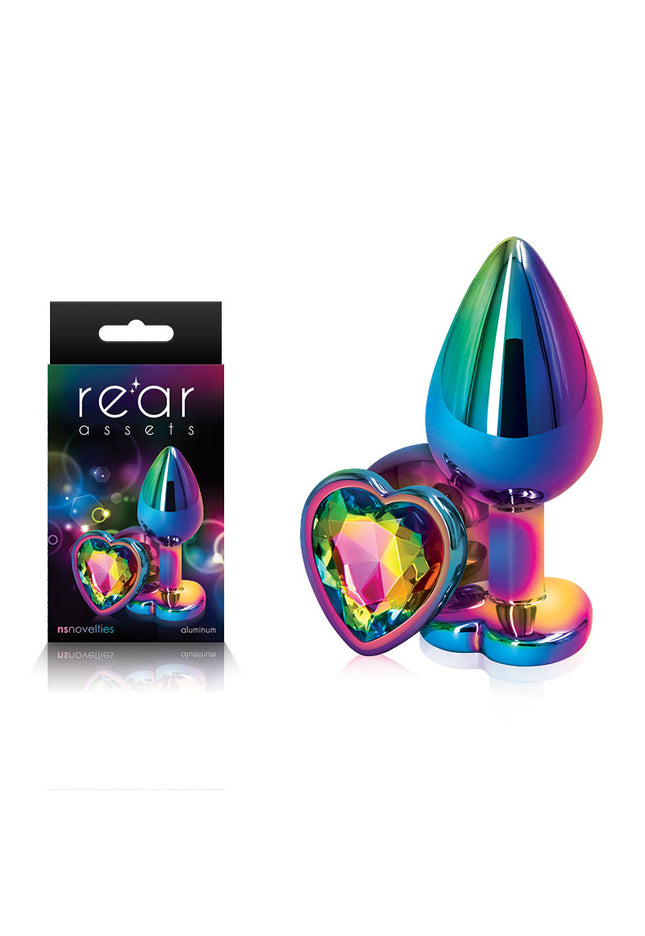 Rear Assets Multi Coloured Heart - Multi Coloured Medium Metal Butt Plug with Rainbow Heart Gem Base