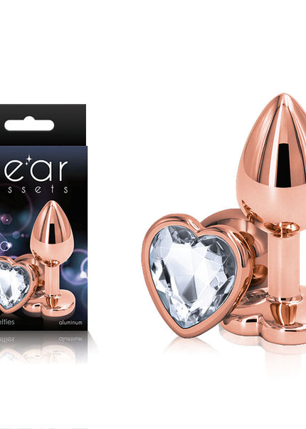 Rear Assets Rose Gold Heart Small - Rose Gold Small Metal Butt Plug with Clear Heart Gem Base